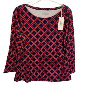Vineyard Vines Women's Navy and Red Geometric Top